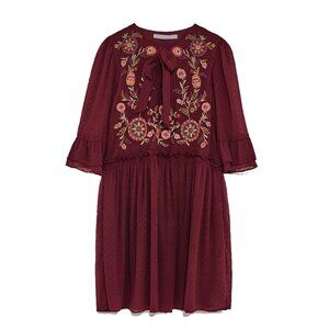 Zara Trafaluc Red Wine Floral Embroidered Chiffon Boho Folk Romantic Dress Sz S